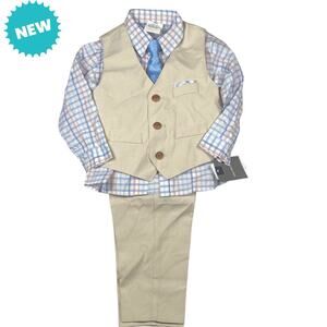 Van Heusen Baby Boy Size 18 Months 4-Piece Suit Beige Blue Plaid Tie Vest NEW
